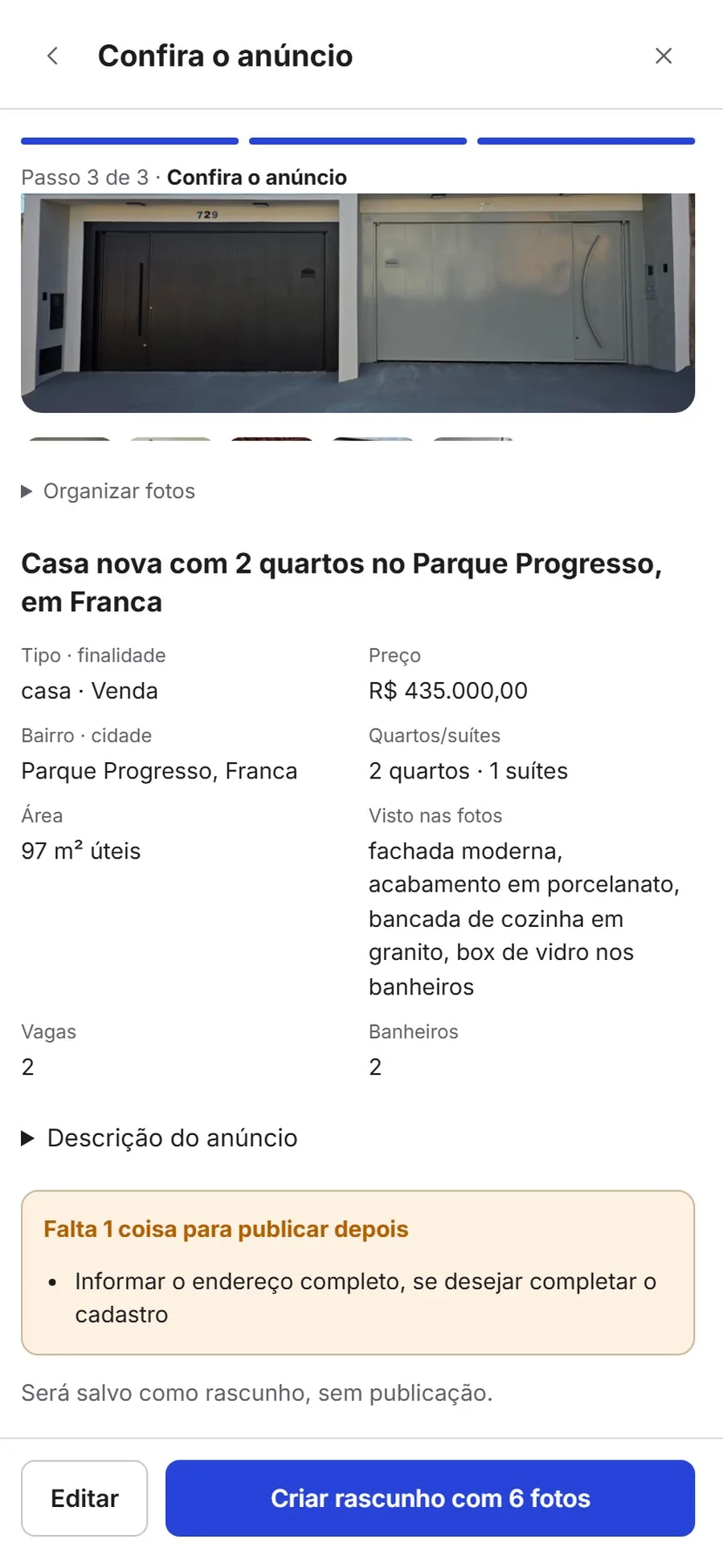 Anúncio montado pela Arya com a fachada como capa, casa nova com 2 quartos no Parque Progresso, em Franca, e o aviso do que falta.